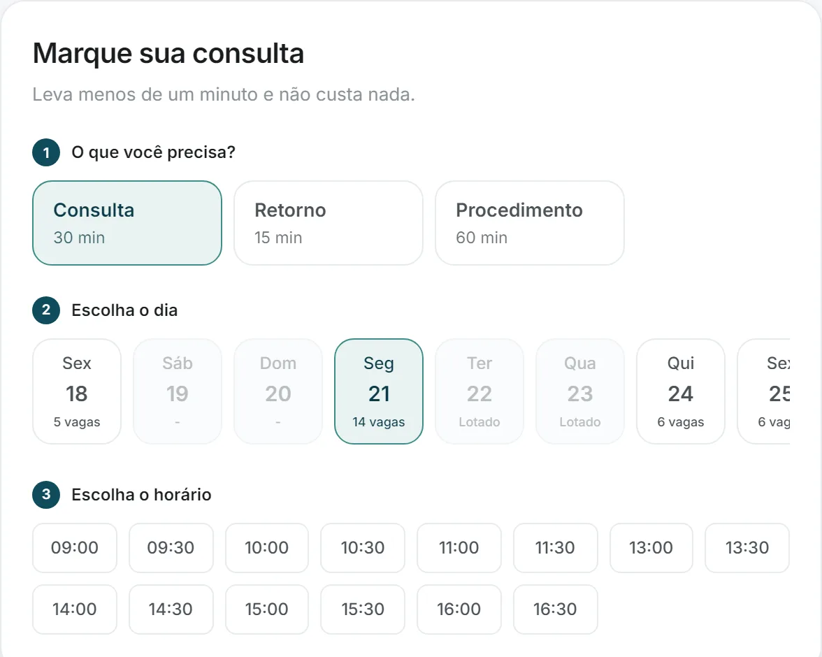 Página pública de agendamento do Pulso, como o paciente vê: escolha entre consulta, retorno e procedimento, os dias com vagas ou lotados, e os horários livres.