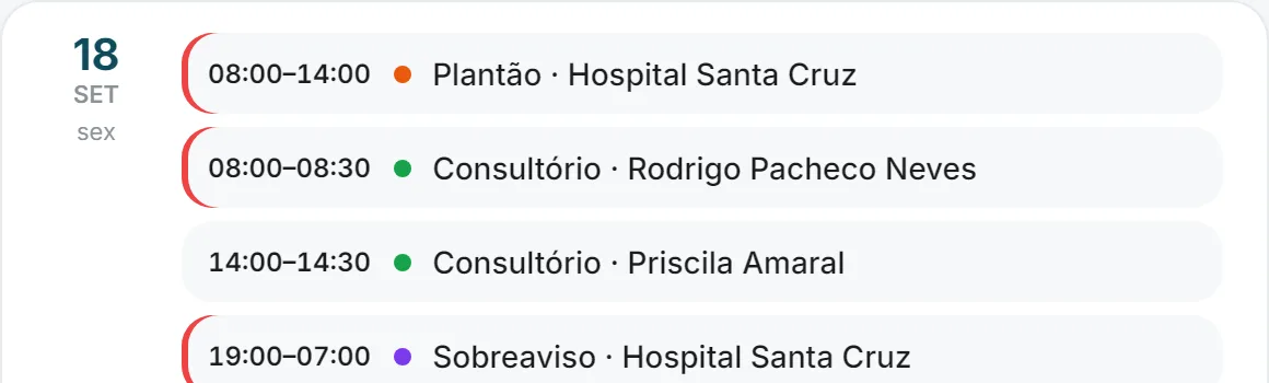 Agenda do médico no Pulso, em lista: plantão, consultório e sobreaviso do mesmo dia, com horário e local.