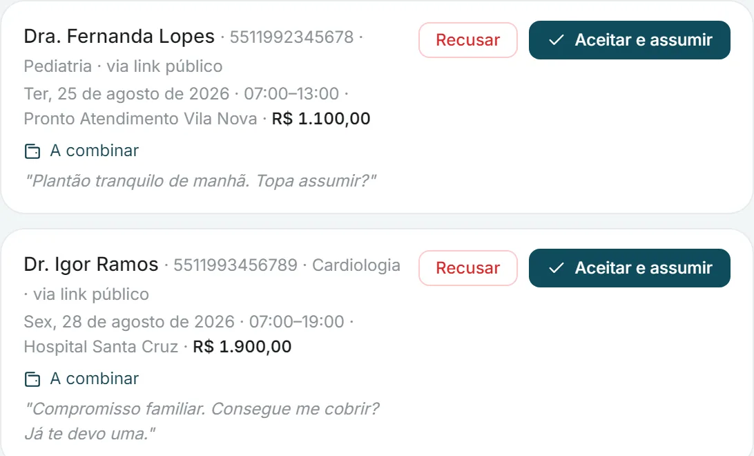 Tela de Trocas de Plantão do Pulso: três colegas oferecendo plantão pelo link público, com data, hospital, valor e os botões de aceitar ou recusar.